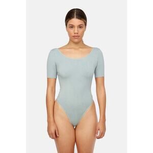 LACAUSA Women's Dawn Bodysuit Large Blue Sea Glass Short Sleeve Soft Stretch NWT